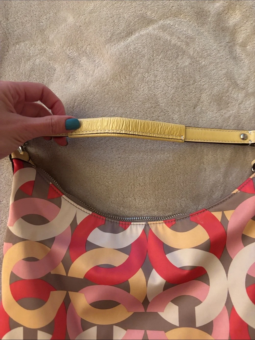 Stylish Coach Multi-Color Pattern Hobo Bag - Pink, Red & Cream, nylon